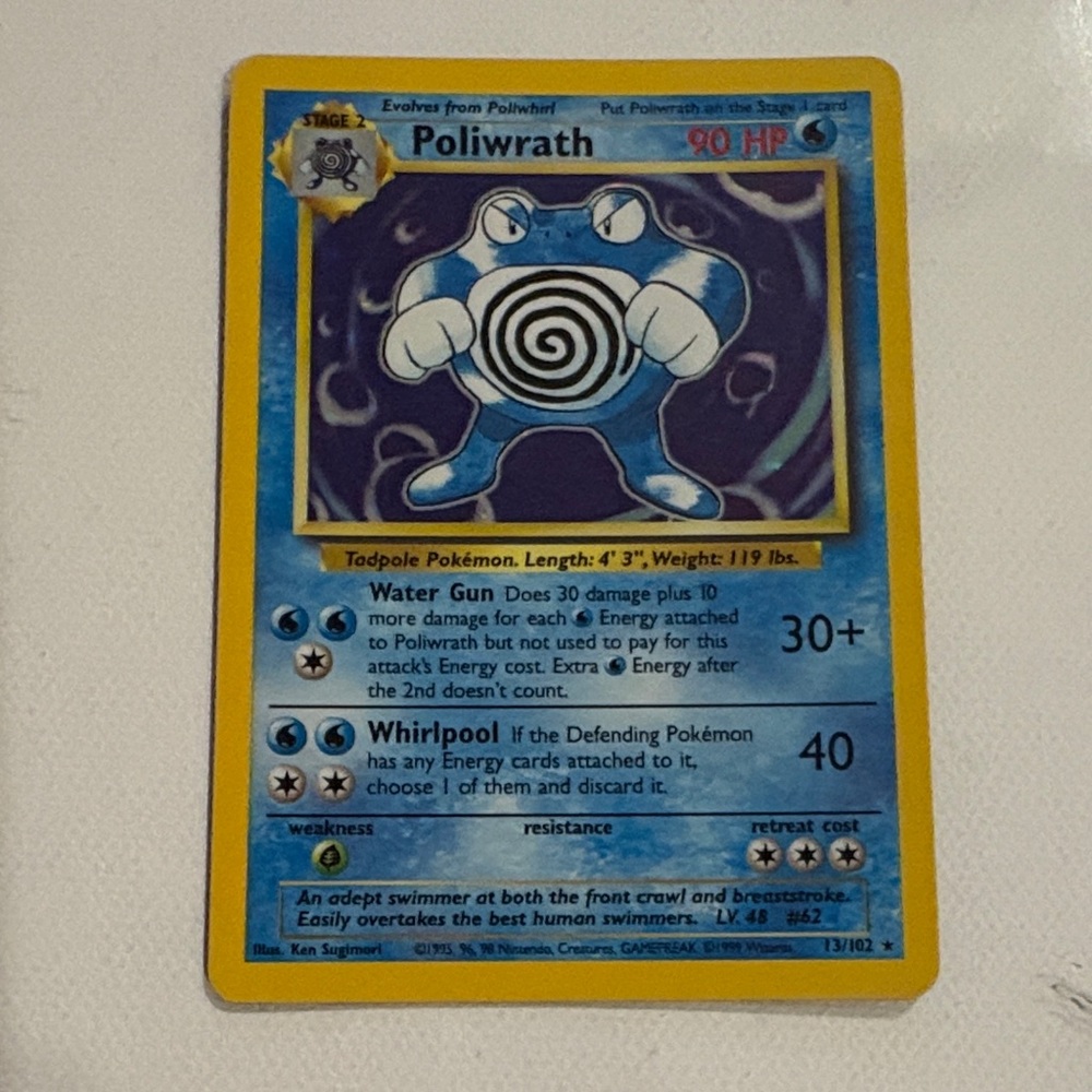 POLIWRATH - 1999 Pokémon TCG Base Set 13/102 Unlimited Holo Rare Card - MP/HP